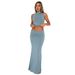 Women's Clothing Comfortable Solid Color Round Neck Sleeveless Top Waist Skirt Suit_voghion.com