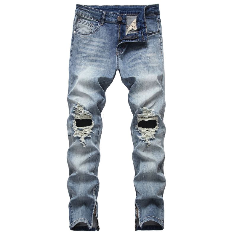 Roupas masculinas calças jeans rasgadas com zíper calças jeans elásticas com zíper masculinas_voghion.com
