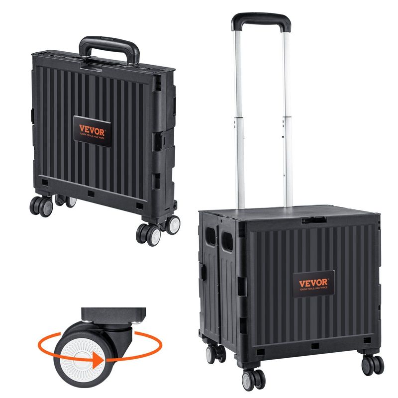 VEVOR Foldable Utility Cart, 110 Lbs Load Capacity, Folding Portable Rolling Crate Handcart With Heavy Duty Telescoping Handle And 4 Rotate Wheels For Travel Shopping Moving Luggage Office Use, Black_voghion.com