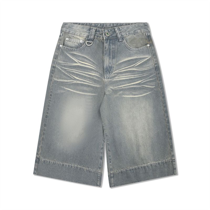 Abbigliamento maschile retrò vecchio lavato dritto pantaloni tre quarti jeans gamba larga pantaloncini casual larghi estate_voghion.com