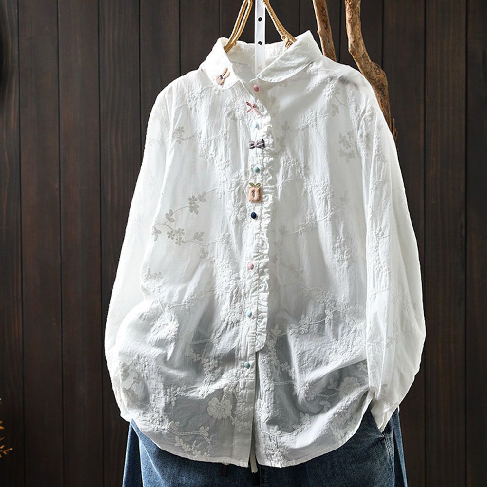 Embroidered Jacquard Long Sleeve For Women Loose Fit Youthful Spring Sweet Artistic Colorful Buttoned Base Shirt_voghion.com