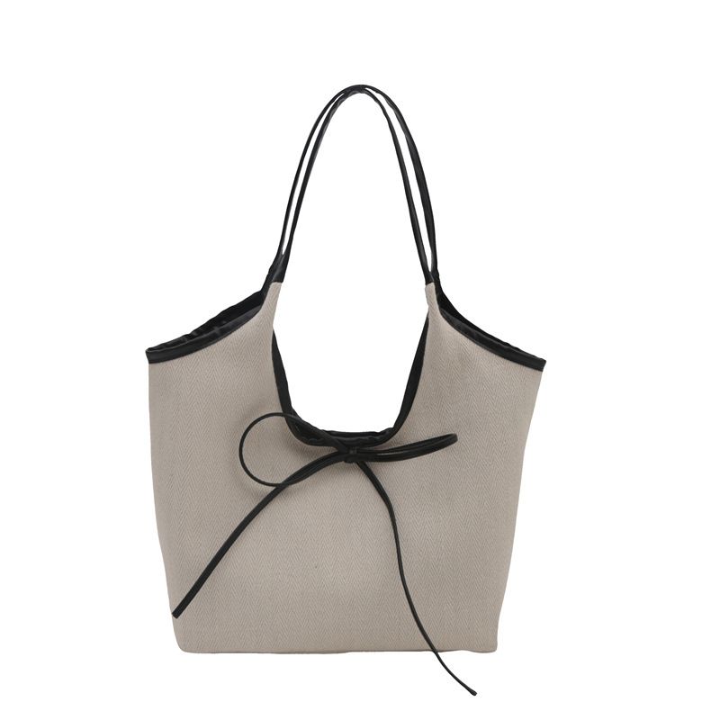 Women's Bags Niche Stitching Canvas Tote Bag Commuter Fashion Strap Bow Handbag Stylish Shoulder Underarm Bag Beach Bag_voghion.com