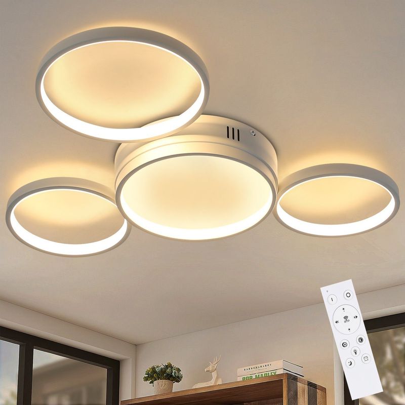 LED Deckenleuchte Dimmbar Deckenlampe Weiß - Schlafzimmerlampe Mit Fernbedienung 52W Moderne Wohnzimmerlampe Mit 4 Metall Ringe Design Für Esszimmer_voghion.com