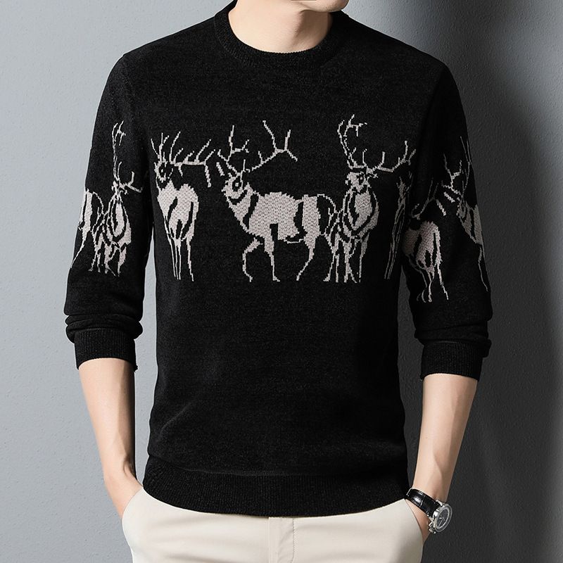 Men's Clothing autumn and winter new deer jacquard round neck sweater men's one piece fleece casual bottoming sweater top_voghion.com