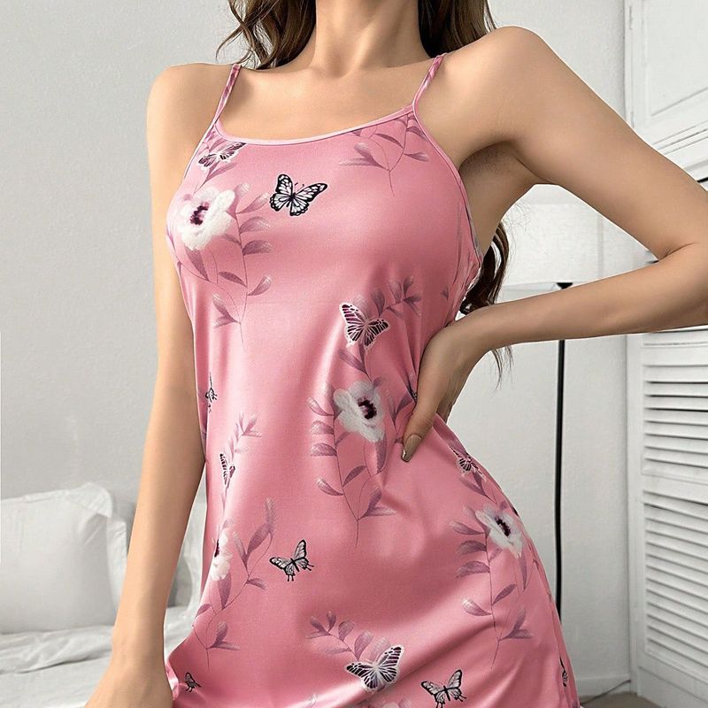 Ladies Suspender Nightgown, New Summer Models, Halter Skirt, Printed Pink Loungewear Pajamas_voghion.com