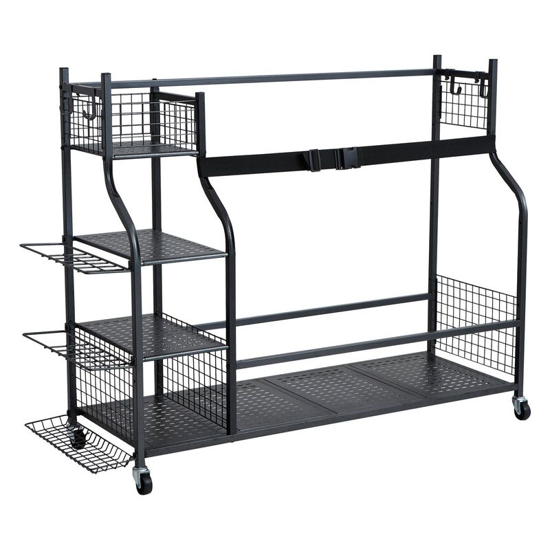VEVOR Golf Storage Garage Organizer, 3 Golf Bag Stand Holder And Other Sports Equipment Storage Rack, Rolling Ball Cart On Wheels, Outdoor Sport Gear And Toy Storage With Baskets & Hooks, Steel, Black_voghion.com