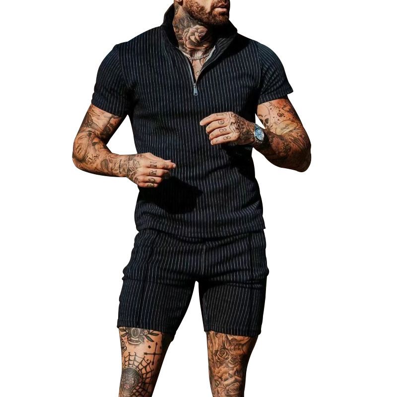 Tuta sportiva da uomo per il tempo libero a righe verticali, camicia slim con colletto alla coreana, pantaloni da spiaggia per allenamento fitness_voghion.com