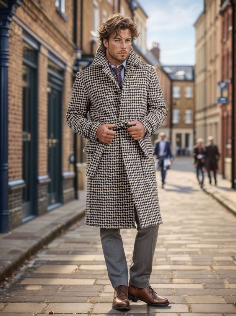 Herrenbekleidung Wollmantel Modetrend mittellanger Woll-Twill-Karomantel_voghion.com