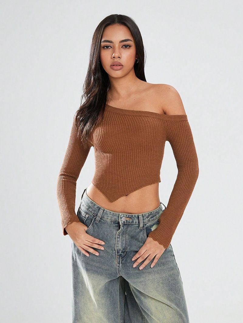 Cross Border Foreign Trade Solid Color Oblique Collar Off Shoulder Sweater European And American Autumn And Winter Threaded Slim Design Sweater_voghion.com