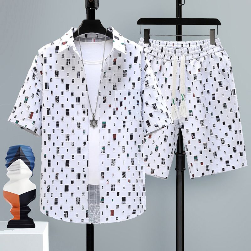 Herren Kurzarm Sommer Jugend Student Freizeit Sport Explosive Street Trend Coole Shorts Zweiteiliges Set_voghion.com