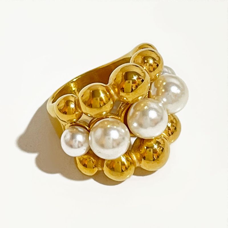 Exaggerated High-end Style Multi-layer Bead Stainless Steel With Feminine Temperament And Pearl Inlaid Ring For Women_voghion.com