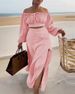women's clothing casual solid color leisure vacation solid color slit off-shoulder long-sleeved two-piece set_voghion.com