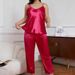 Sovkläder för damer Vår- och höstpyjamas Enfärgade hängslen Byxor Tvådelad kostym_voghion.com