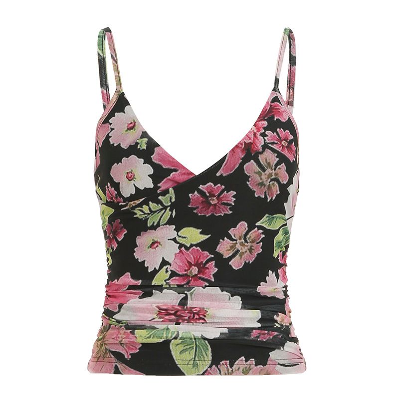 Women's Clothing Vintage Hot Girl Personalized Floral Print Small Sling Female Retro Niche Cross Low Collar Sexy Pleated Slim Fit Top_voghion.com