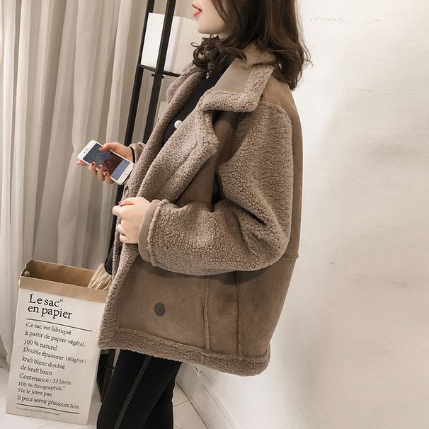Women's Faux Suede Faux Fur Lined Short Jacket - Winter Cozy Fleece Outerwear Loose Fit Bomber Style, Button Zipper Closure (Khaki, Beige, Coffee)_voghion.com