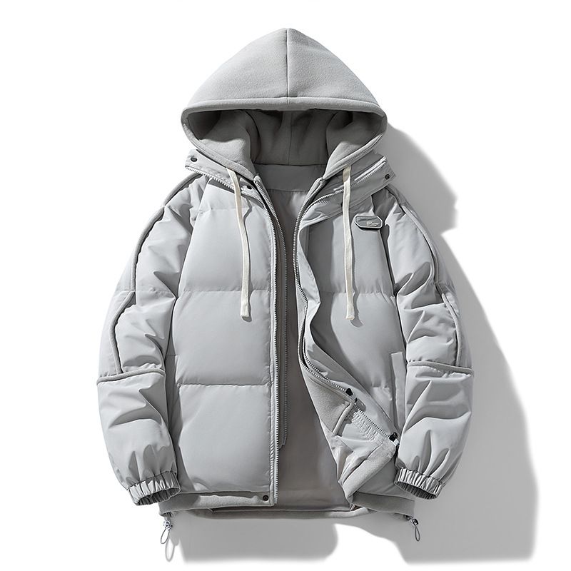 Unisex-Wintermantel mit anpassbarem Logo – Locker sitzende, gestreifte Paarjacke mit Kapuze und falschem zweiteiligem Design_voghion.com