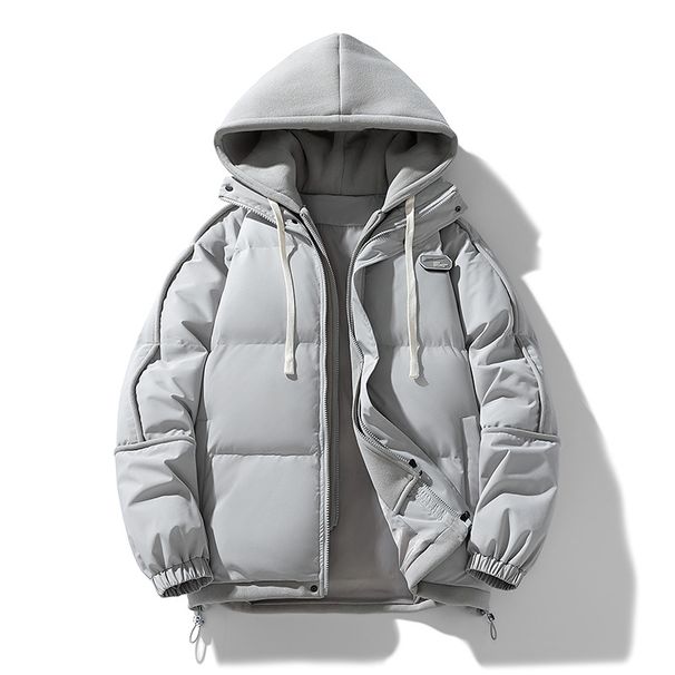 Unisex-Wintermantel mit anpassbarem Logo – Locker sitzende, gestreifte Paarjacke mit Kapuze und falschem zweiteiligem Design_voghion.com