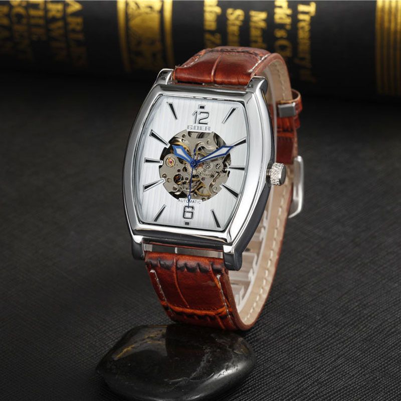 Men's Watches Leisure Square Personality Wine Barrel Fashion Automatic Hollowing Transparent Men's Mechanical Watch_voghion.com