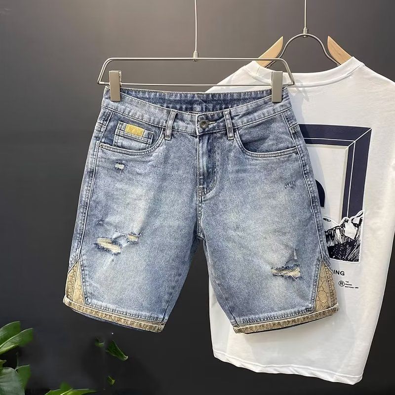 Pantaloncini in denim traforati di alta qualità, alla moda, estivi, 2024, da uomo, elastici, aderenti, 5/4_voghion.com