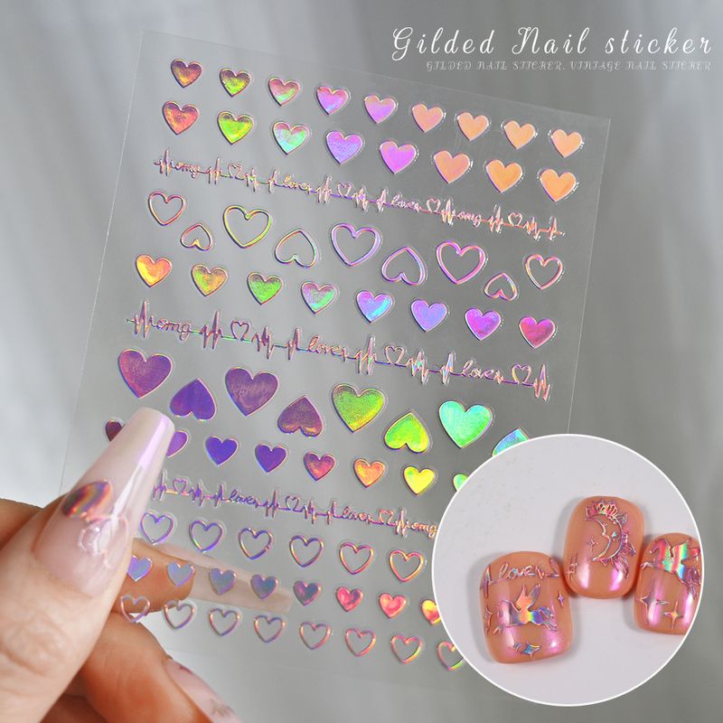 INS Holographic Heart Nail Decals - Colorful Aurora Solid Heart | Adhesive Self-Stick Nail Art For Women_voghion.com