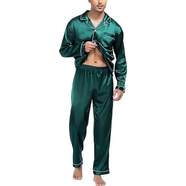 Plus Size Solid Color Long Sleeve Pajamas Men's Artificial Silk Sleepwear Student Loungewear Cardigan Lapel Nightwear Set_voghion.com