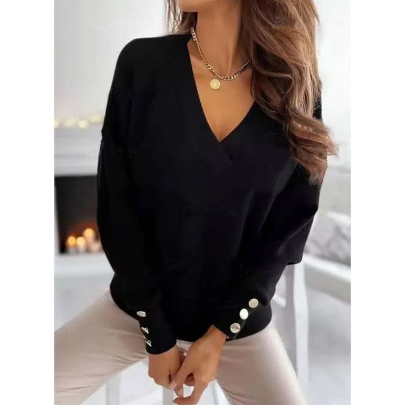 Pulover pentru femei, cu guler în V, mânecă lungă, cald, de culoare solidă, top, cămașă_voghion.com