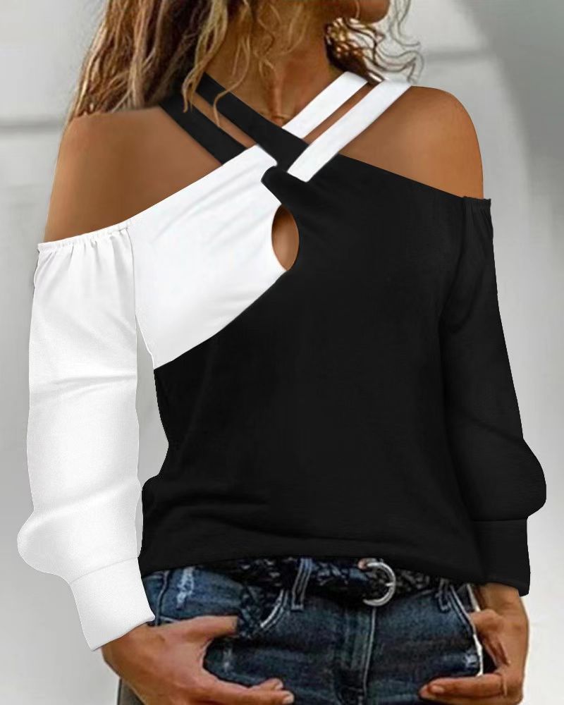 Top a maniche lunghe con scollo a V e spalle scoperte, design casual da donna 2023, con blocchi di colore_voghion.com