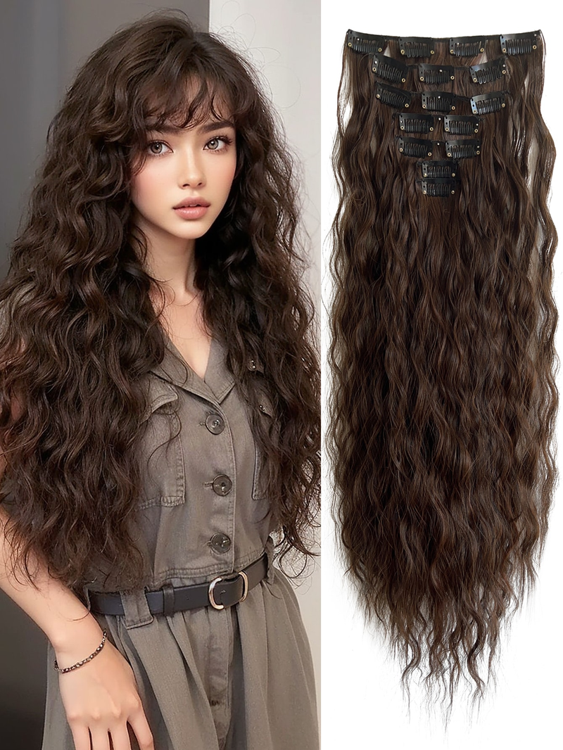 Clip In Extensions Brun Färg 16 Clips 22 Inch Long Raight Extension For Girl Dam Syntethår ​​Hårstycken_voghion.com