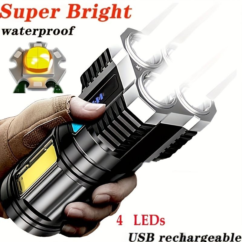 1pc LED Flashlight, Powerful 4 LED Flashlight With COB Side Light, 4 Modes USB Rechargeable LED Torch, Waterproof Built In Battery Flashlight, Campin_voghion.com