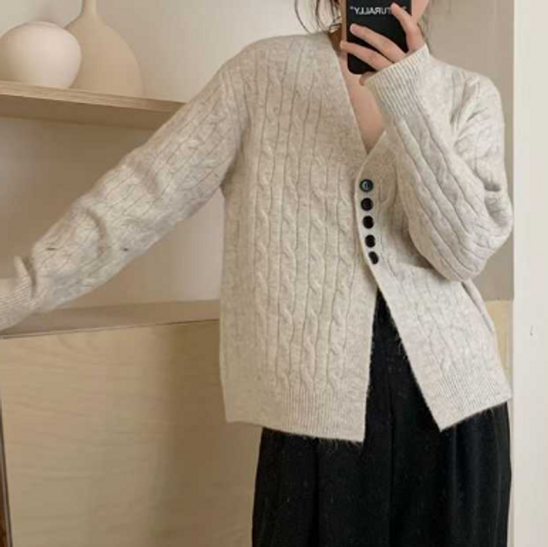 Ubrania damskie Retro leniwy styl dzianinowy kardigan kobiety jesień zima dekolt w serek miękki i luźny design niszowy temperament_voghion.com