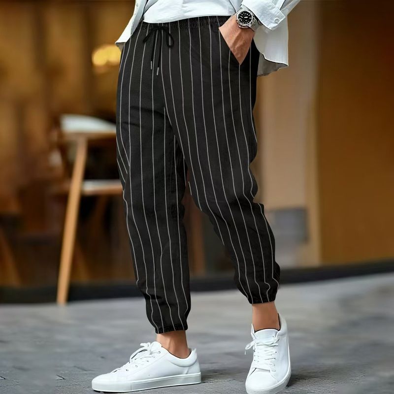 Pantaloni sportivi alla moda traspiranti e larghi in lino a righe, semplici e versatili, da uomo, casual e di alta qualità, molto venduti._voghion.com