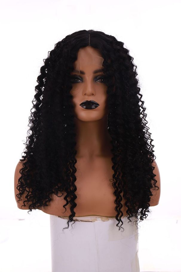 Parrucca frontale in pizzo piccolo nero riccio lungo riccio copertura capelli seta alta temperatura soffice 60cm_voghion.com