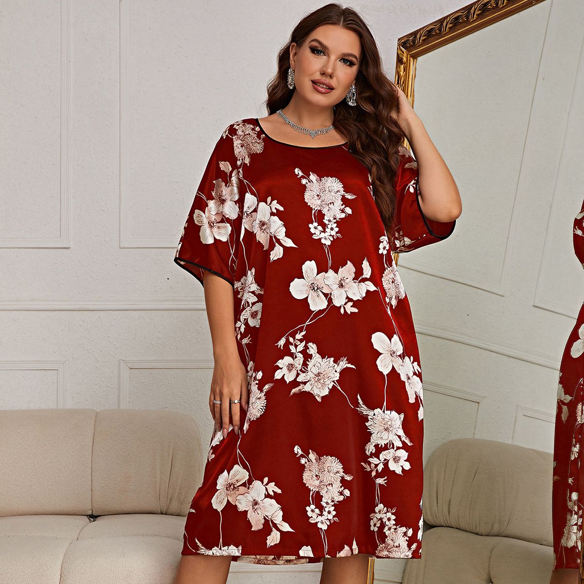 Large Size Pajamas Women's Medium And Long Printed Pullover Dress Summer New Home Clothes Silk Ice Silk Nightdress_voghion.com