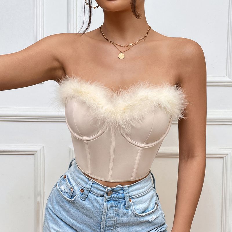  Top a tubo superiore con anello in acciaio con piuma corta cucito da donna_voghion.com