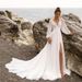 Elegant V-Neck Long Sleeve Chiffon Wedding Dress With Small Train – Boho Beach Bridal Gown For Photoshoot, Flattering High Waist(US2-26W, Ivory/White)_voghion.com
