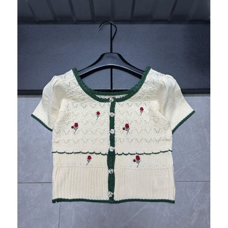 25th Summer New Style Fragrant Season Rose Color-Block Sweater Short Sleeve Single-Breasted Pullover Loose Versatile_voghion.com