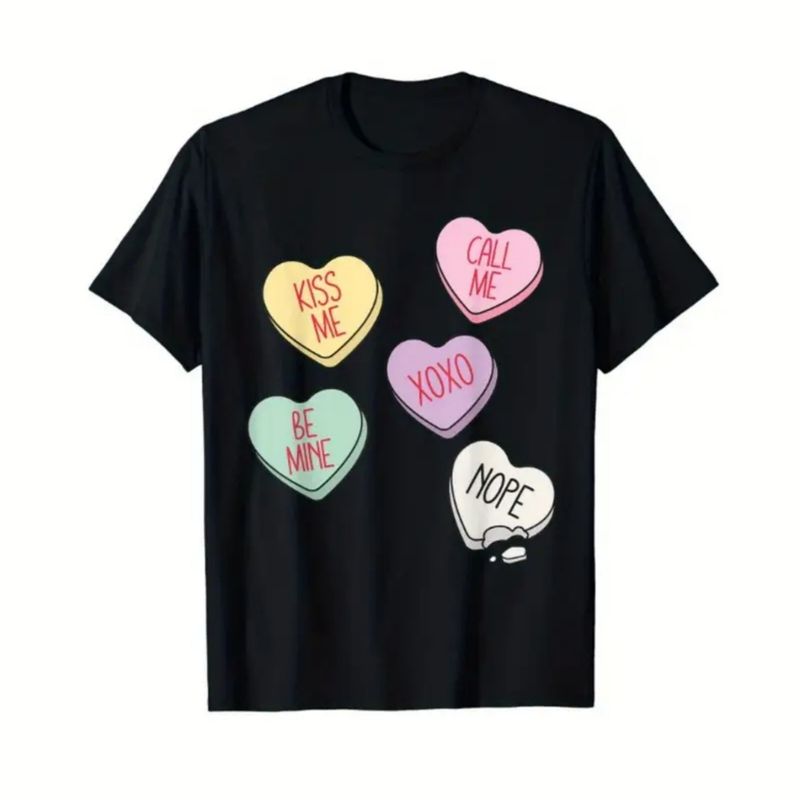 Tricou retro de Ziua Îndrăgostiților, bomboane NOPE, vintage, inimă, anti-Valentine's, casual, 220g, bumbac pur, negru._voghion.com
