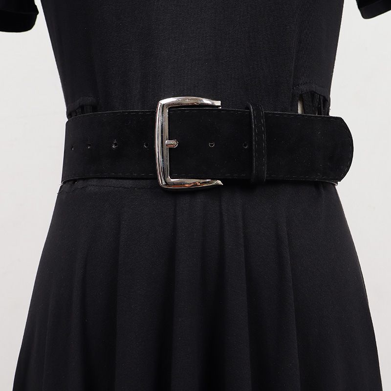 Minimalist High-End Row Basic Classic Square Suede Neutral Wide Deerskin Silver Buckle Versatile Women's Belt_voghion.com