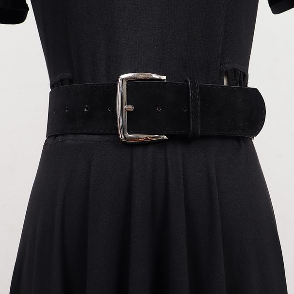 Minimalist High-End Row Basic Classic Square Suede Neutral Wide Deerskin Silver Buckle Versatile Women's Belt_voghion.com