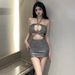 Spicy Sexy Style Nightclub Shiny Silver Hollow Out Strapless Crop Top + Tight Bodycon Skirt Set For Women_voghion.com