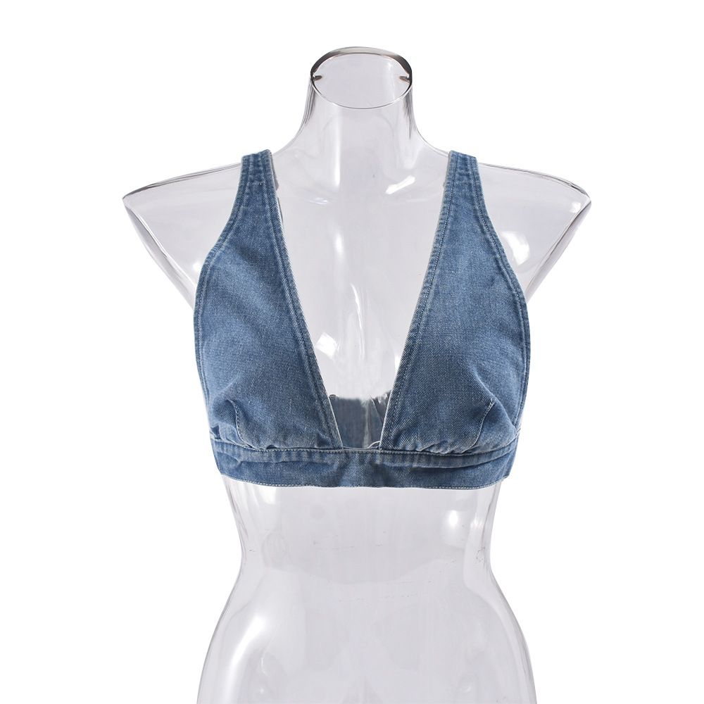 Women's Clothing Summer New Denim Washed Sexy Vest Back Buckle Top_voghion.com