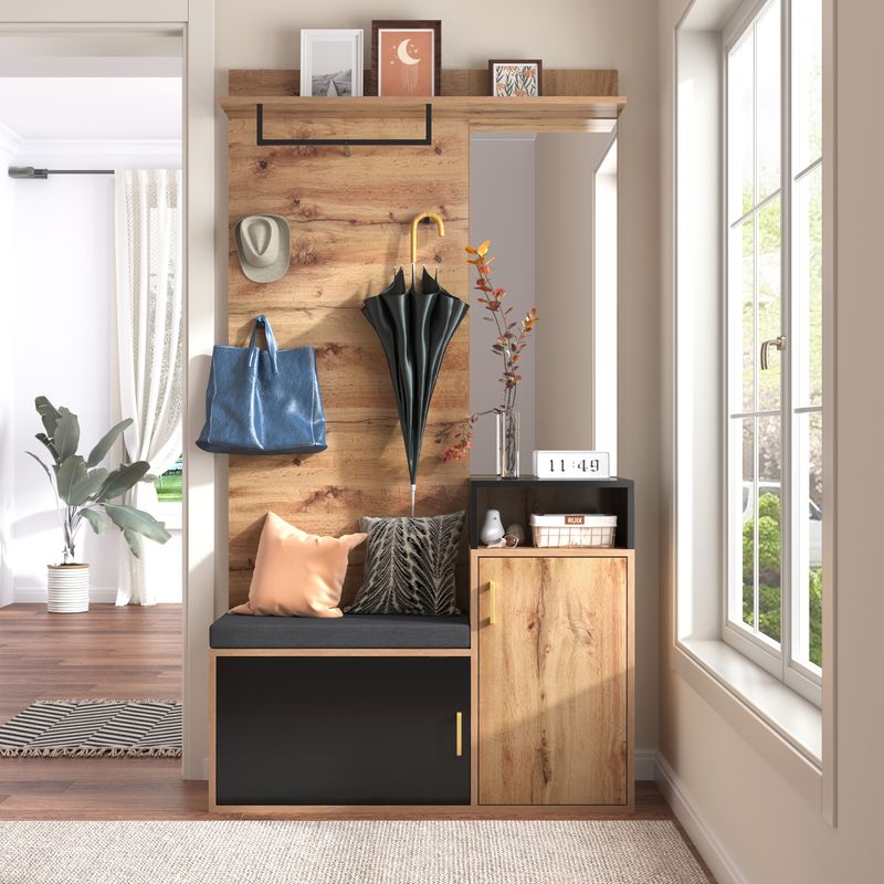 Garderoben-Set,mit 4 Kleiderhaken, Spiegel, Schuhschrank, Wandgarderobe, Oberes Ablagefach, Flurgarderobe Sitzbank. (Not A One-piece Product, Requires Drilling And Punching Holes In The Wall)_voghion.com