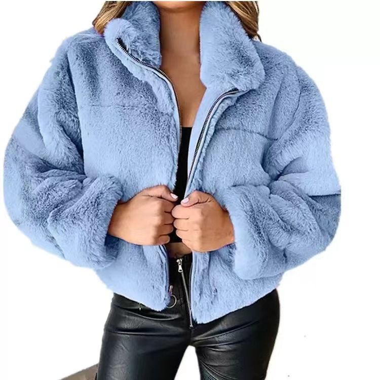Women's Faux Rabbit Fur Zip-Up Jacket Elegant Stand Collar Coat Style Winter Blouse Ethical Fur-Like Outerwear​_voghion.com