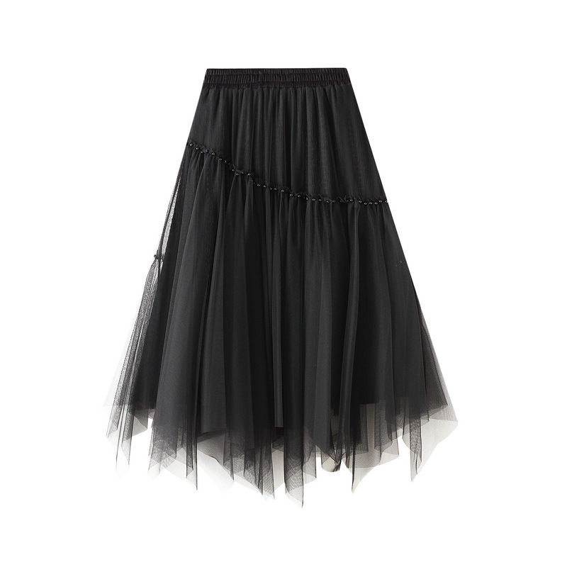 Gonna a rete di media lunghezza, tinta unita, versatile, snellente, con perline, elastica in vita, alla moda, autunno 2025, 0890_voghion.com