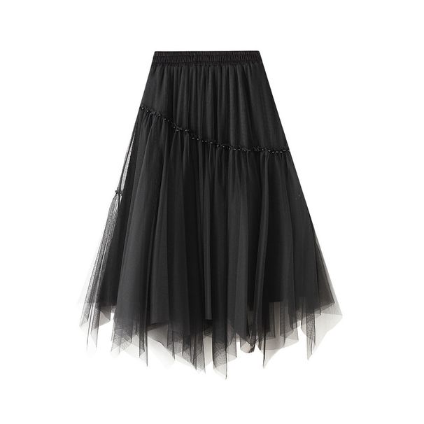 Gonna a rete di media lunghezza, tinta unita, versatile, snellente, con perline, elastica in vita, alla moda, autunno 2025, 0890_voghion.com