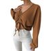 2023 Spring/Summer New Women's Loose casual V-neck drawstring Waffle Long sleeved T-shirt with exposed navel and_voghion.com