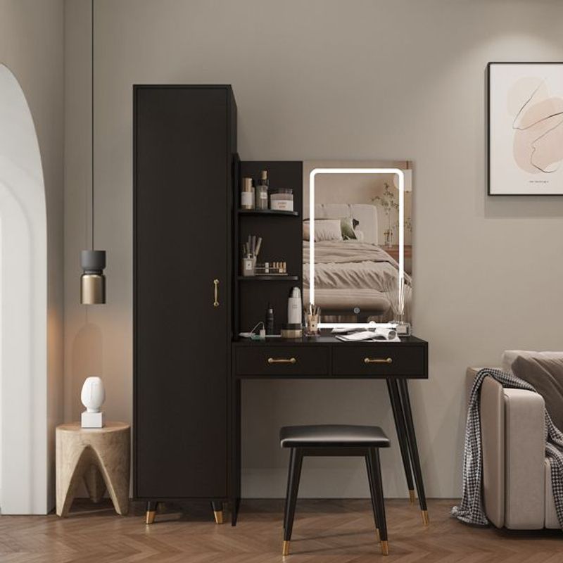 Makeup Vanity Table And Slim Armoire Wardrobe Set, Dressing Table With LED Mirror And Power Outlets And 2 Drawers, Tall Bedroom Closet With Hanging_voghion.com