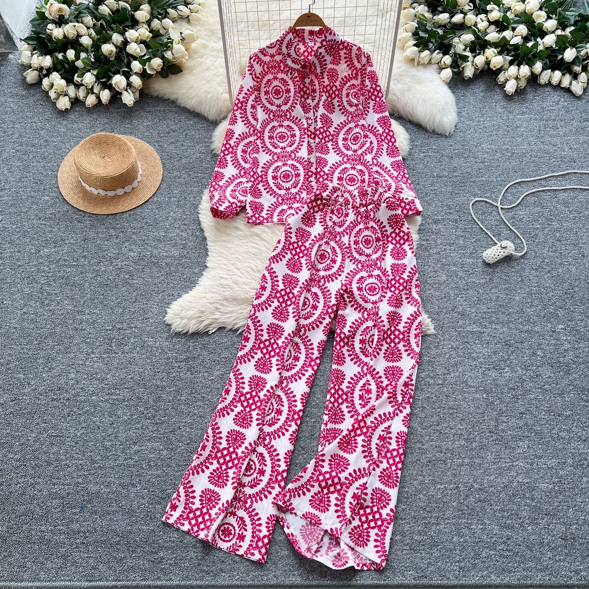 Damenbekleidung, modisch, locker, vielseitig, langärmelig, bedrucktes Hemd + lässiger Hosenanzug mit hoher Taille und weitem Bein_voghion.com