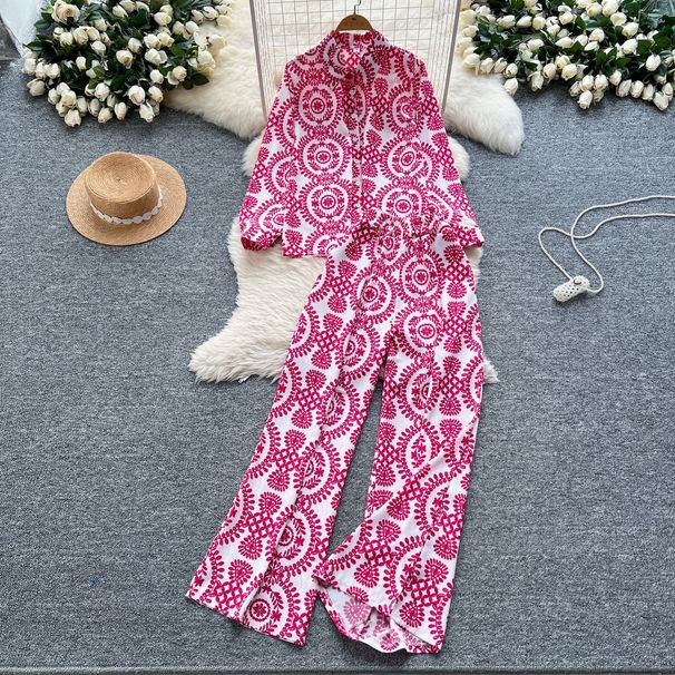 Damenbekleidung, modisch, locker, vielseitig, langärmelig, bedrucktes Hemd + lässiger Hosenanzug mit hoher Taille und weitem Bein_voghion.com