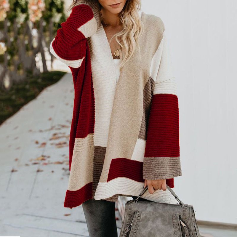 Vêtements pour femmes automne et hiver pull grande taille pull ample géométrique colorblock cardigan_voghion.com